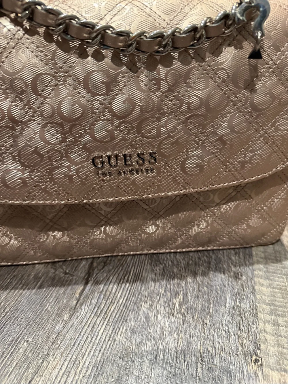 NWOT GUESS Metallic Bronze Quilted Shoulder Bag with Chain Detail